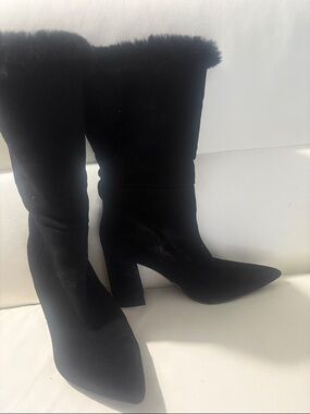 Nine West Black Faux Fur-Trim Pointed Toe Mid-Calf Heeled Boots